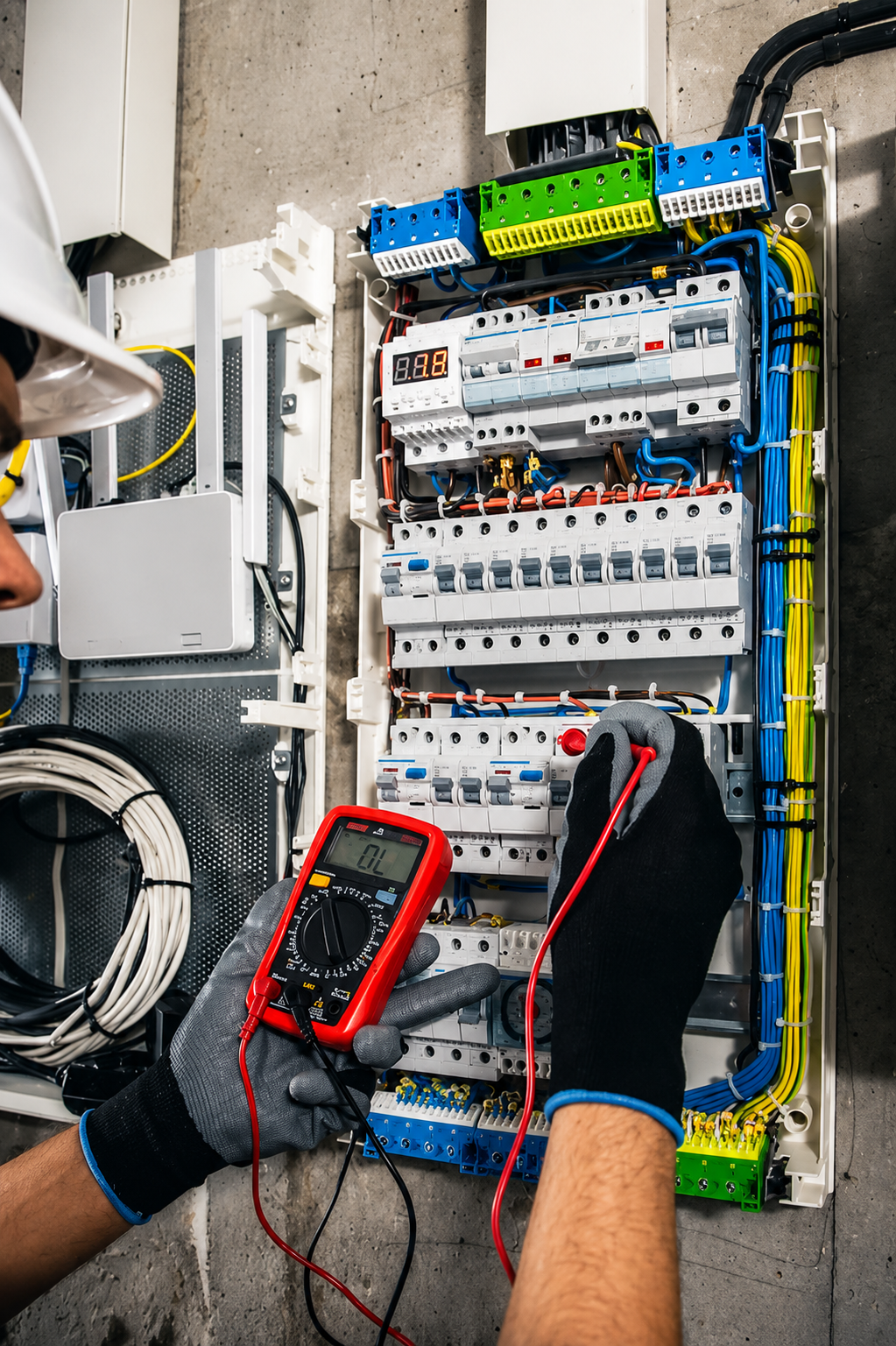 Licensed electrician working on electrical panel at JFLM Business Solutions GTA